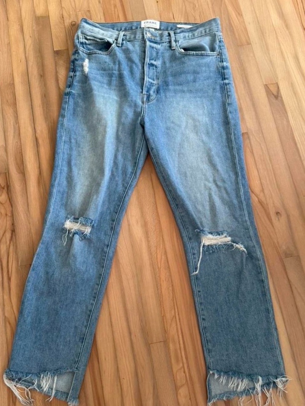 Frame Denim Light Blue Straight Leg Ripped Jeans